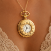 Gold Plated Half Hunter Quartz Pendant Necklace Chain Watch