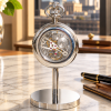 Chrome Plated Open Face Skeleton Dial Mechanical Pocket Watch Clear with Chain and Chrome Plated Stand
