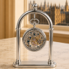 Chrome Plated Open Face Skeleton Dial Mechanical Pocket Watch with Chain and Chrome Plated Arch Stand