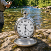 Fishing Chrome & Pewter Full Hunter Quartz Pocket Watch with Chain