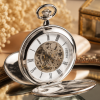 Chrome Plated Double Half Hunter Mechanical Pocket Watch with Chain
