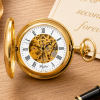 Gold Plated Half Hunter Skeleton Dial Mechanical Pocket Watch with Chain
