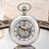 Chrome Plated Half Hunter Skeleton Dial Mechanical Pocket Watch Pouch Stand with Chain