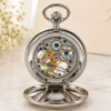 Chrome Plated Double Half Hunter Mechanical Pocket Watch with Chain