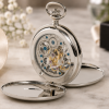 Chrome Plated Double Hunter Mechanical Pocket Watch with Chain