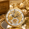 Gold Plated Open Face Skeleton Dial Mechanical Pocket Watch with Chain (48mm)