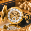 Gold Plated Half Hunter Skeleton Dial Mechanical Pocket Watch with Chain (48mm)