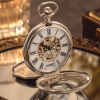 Chrome Plated Double Half Hunter Mechanical Pocket Watch Heartbeat Window with Chain