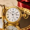 Gold Plated Full Hunter Date Display Quartz Pocket Watch Numerals with Chain