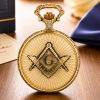 Masonic Gold Plated Full Hunter Date Display Quartz Pocket Watch with Chain (Masonic Numerals)