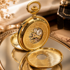 Gold Plated Double Half Hunter Mechanical Pocket Watch Heartbeat Window with Chain