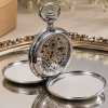 Chrome Plated Double Hunter Mechanical Pocket Watch with Chain