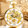 Gold Plated Open Face Skeleton Dial Mechanical Pocket Watch with Chain and Gold Plated Arch Stand