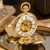Gold Plated Double Hunter Mechanical Pocket Watch Heartbeat Window with Chain