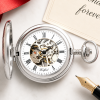 Chrome Plated Full Hunter Skeleton Dial Mechanical Pocket Watch Engravable Shield with Chain