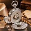 Chrome Plated Double Hunter Mechanical Pocket Watch Heartbeat Window with Chain