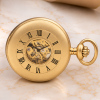 Gold Plated Half Hunter Skeleton Dial Mechanical Pocket Watch Matt Finish with Chain