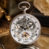 Chrome Plated Open Face Skeleton Dial Mechanical Pocket Watch with Chain and Chrome Plated Arch Stand