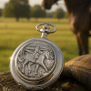 Horse Chrome & Pewter Full Hunter Quartz Pocket Watch with Chain