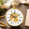 Gold Plated Open Face Skeleton Dial Mechanical Pocket Watch with Chain and Gold Plated Stand