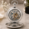 Chrome Plated Double Hunter Mechanical Pocket Watch with Chain