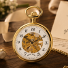 Gold Plated Open Face Skeleton Dial Mechanical Pocket Watch with Chain (40mm) (Arabic Numerals)