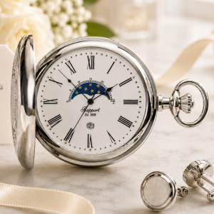 Silver Plated Half Hunter Moon Dial Quartz Pocket Watch with Chain