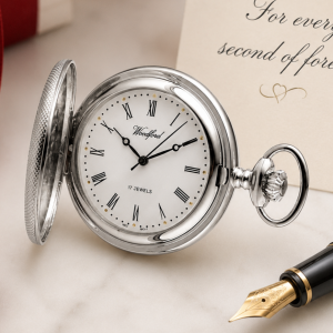 Chrome Plated Half Hunter Mechanical Pocket Watch with Chain (46mm) (W1055)