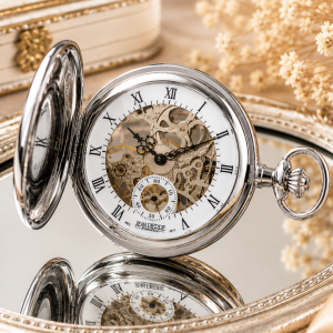 Chrome Plated Half Hunter Skeleton Dial Mechanical Pocket Watch with Chain (48mm)