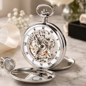 Chrome Plated Double Hunter Mechanical Pocket Watch with Chain (PW91)