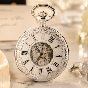 Silver Plated Half Hunter Skeleton Dial Mechanical Pocket Watch with Chain