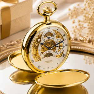 Gold Plated Double Hunter Dual Time Mechanical Pocket Watch Moondial with Chain