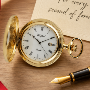 Gold Plated Half Hunter Date Display Quartz Pocket Watch with Chain (44mm)