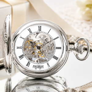 Sterling Silver Half Hunter Skeleton Dial Mechanical Pocket Watch with Chain
