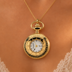 Gold Plated Half Hunter Quartz Pendant Watch With Roman Numerals