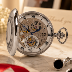 Chrome Plated Double Half Hunter Mechanical Pocket Watch with Chain
