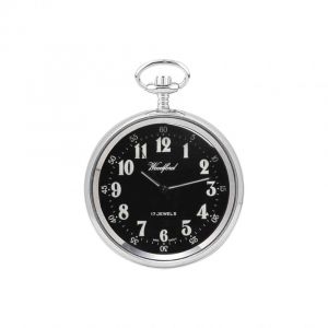 Chrome Plated 17 Jewel Mechanical Open Face Black Dial Pocket Watch