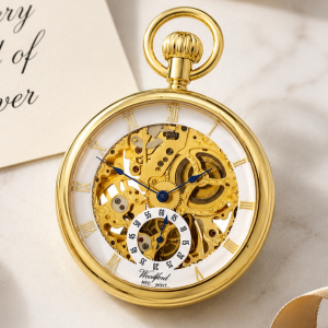 Gold Plated Open Face Skeleton Dial Mechanical Pocket Watch with Chain (49mm)