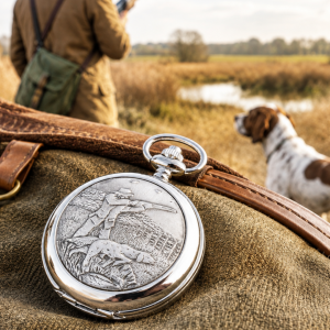 Shooting Chrome & Pewter Full Hunter Quartz Pocket Watch with Chain