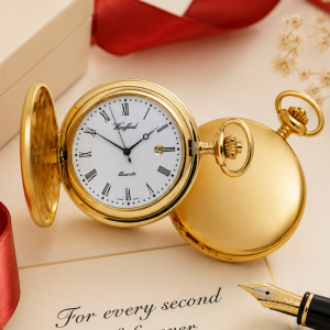 Masonic Gold Plated Full Hunter Date Display Quartz Pocket Watch with Chain (46mm) (Roman Numerals)