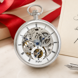 Chrome Plated Open Face Skeleton Dial Mechanical Pocket Watch with Chain (48mm) (W1043)