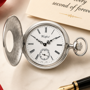 Sterling Silver Half Hunter Mechanical Pocket Watch Albert with Chain