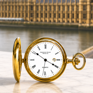 Gold Plated Full Hunter Date Display Quartz Pocket Watch Blenheim with Chain