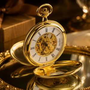 Gold Plated Double Half Hunter Mechanical Pocket Watch with Chain (48mm)