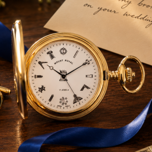 Gold Plated Masonic Mechanical Engine Turned Full Hunter Pocket Watch
