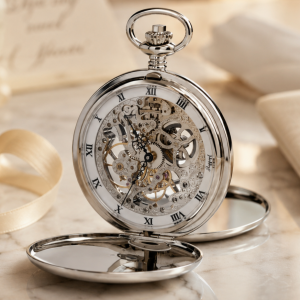 Chrome Plated Double Hunter Mechanical Pocket Watch with Chain (PW91)