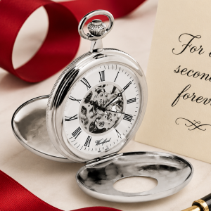 Chrome Plated Double Half Hunter Mechanical Pocket Watch with Chain (50mm)