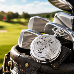 Golfing Chrome & Pewter Full Hunter Quartz Pocket Watch with Chain