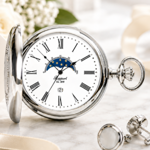 Silver Plated Half Hunter Moon Dial Quartz Pocket Watch with Chain