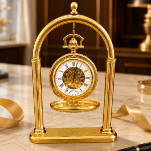Gold Plated Double Half Hunter Mechanical Pocket Watch and Gold Plated Arch Stand